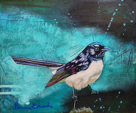 Artistic depiction of a bird on a textured teal and black background