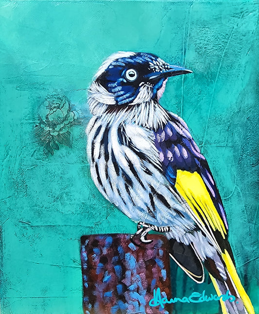 Colorful bird painting on a textured teal background