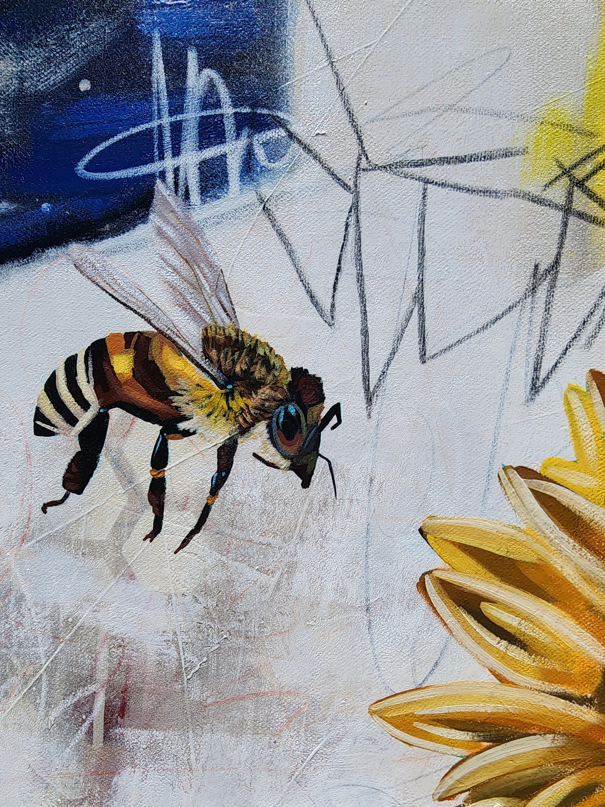 Artistic depiction of a bee and sunflower on a textured surface