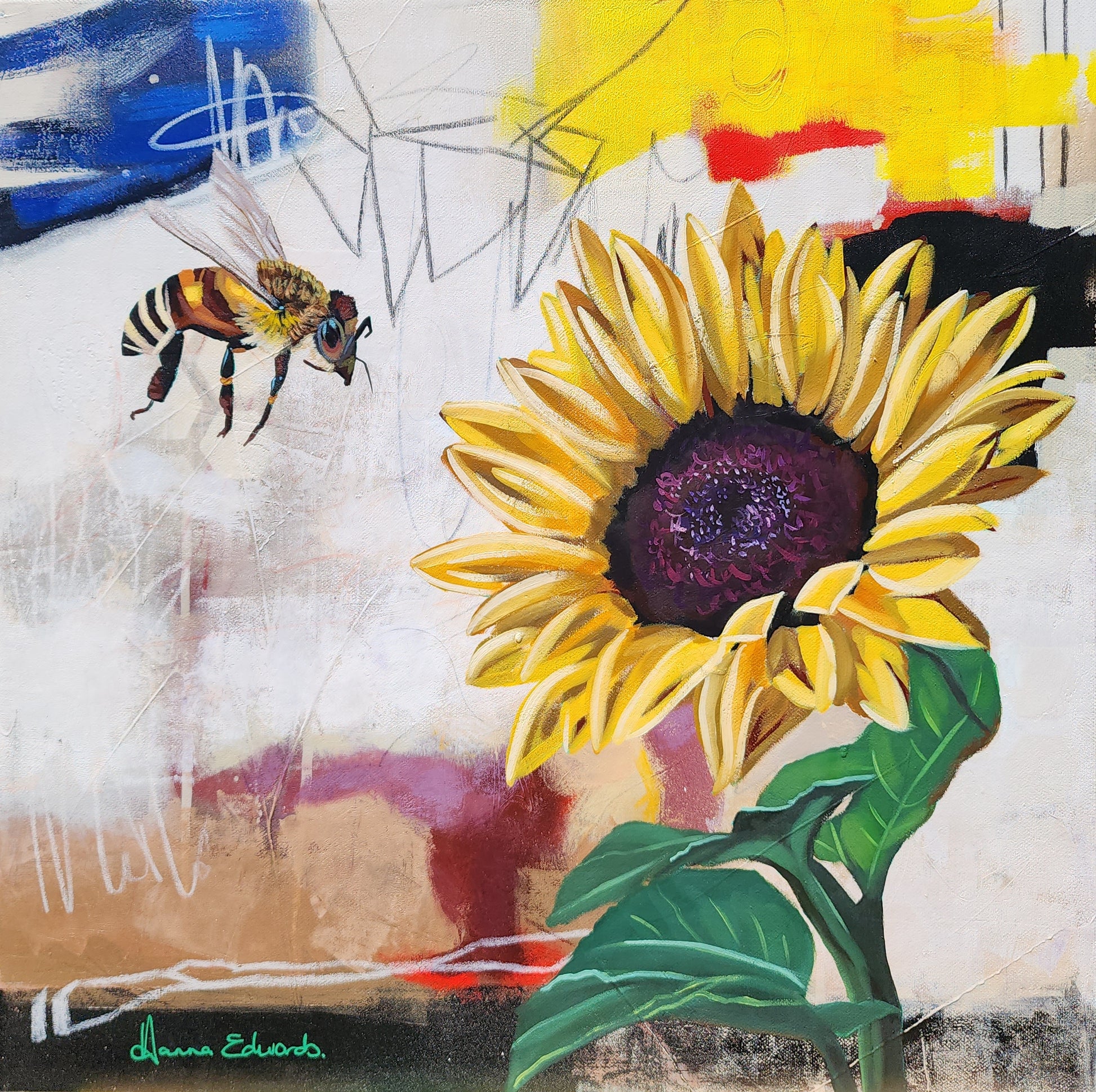 Abstract painting of a sunflower and bee with colorful background