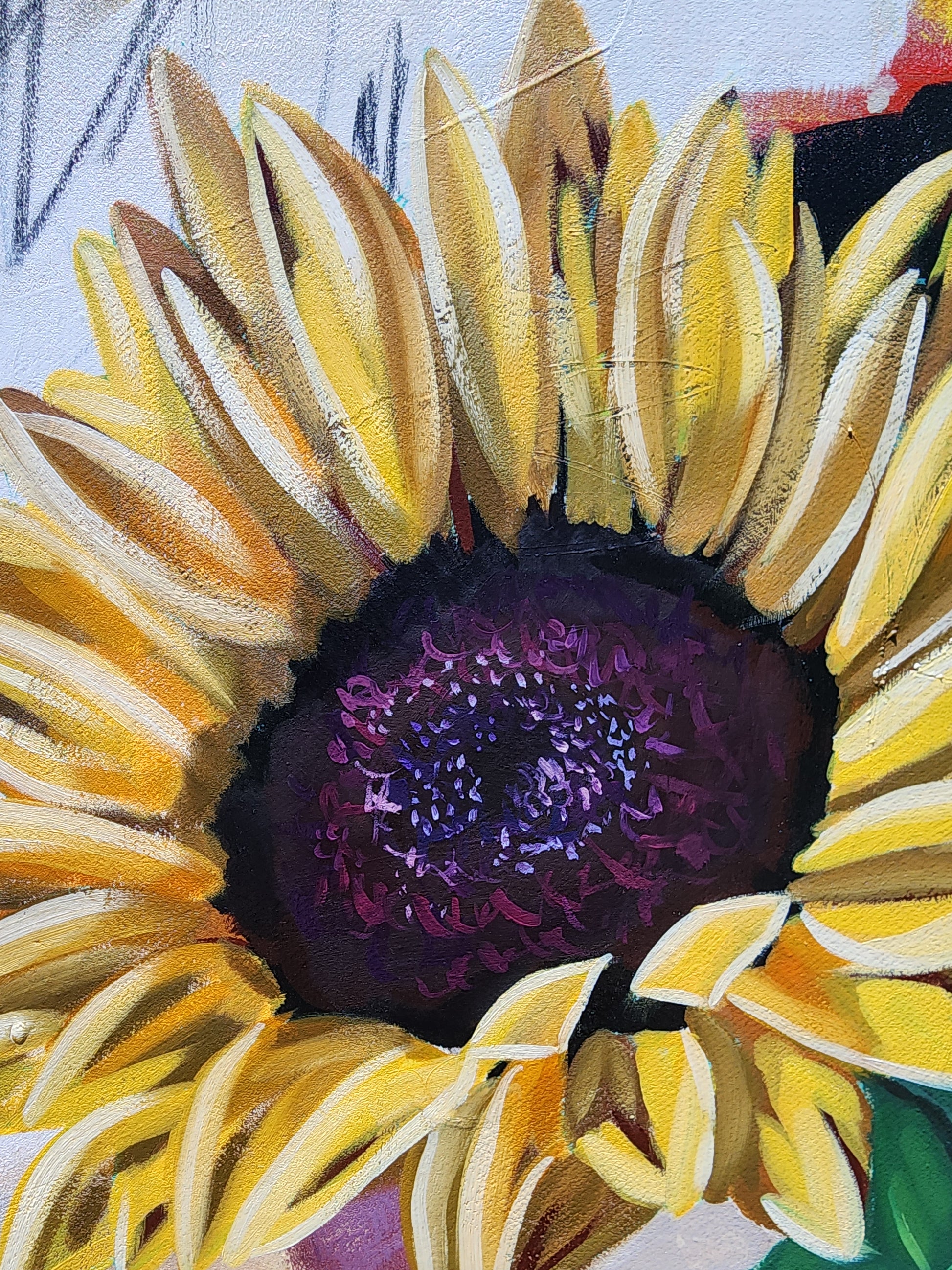 Close-up of a sunflower painting with bright yellow petals and a dark center.
