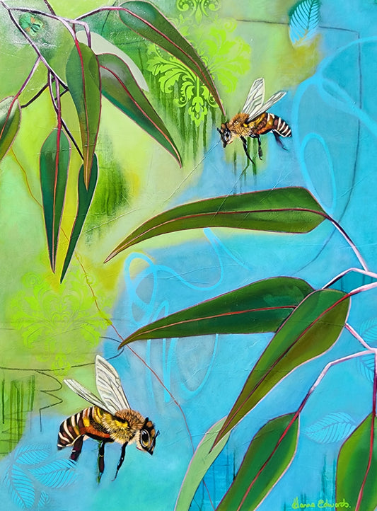 Artistic depiction of bees and leaves with a colorful background