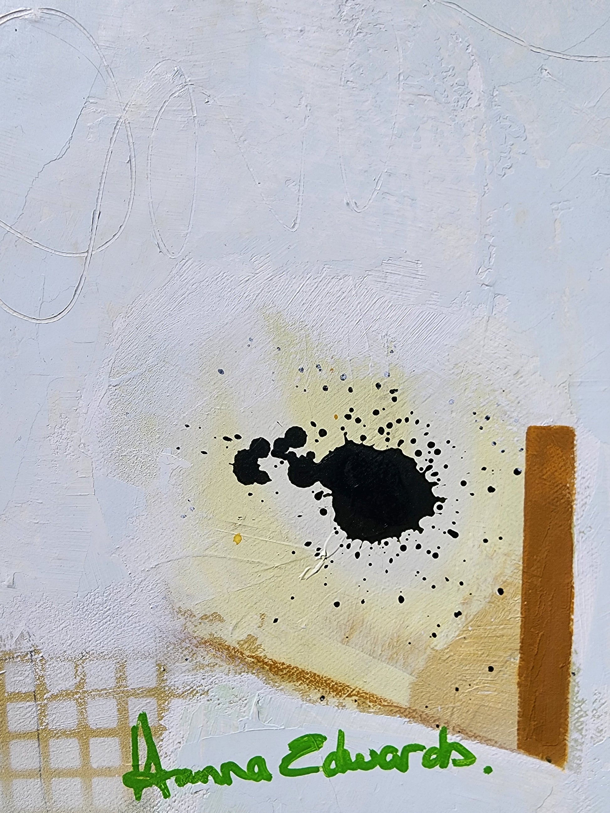 Abstract art piece with black dots and a brown rectangular shape on a textured white background, signed 'Hanna Edwards'.