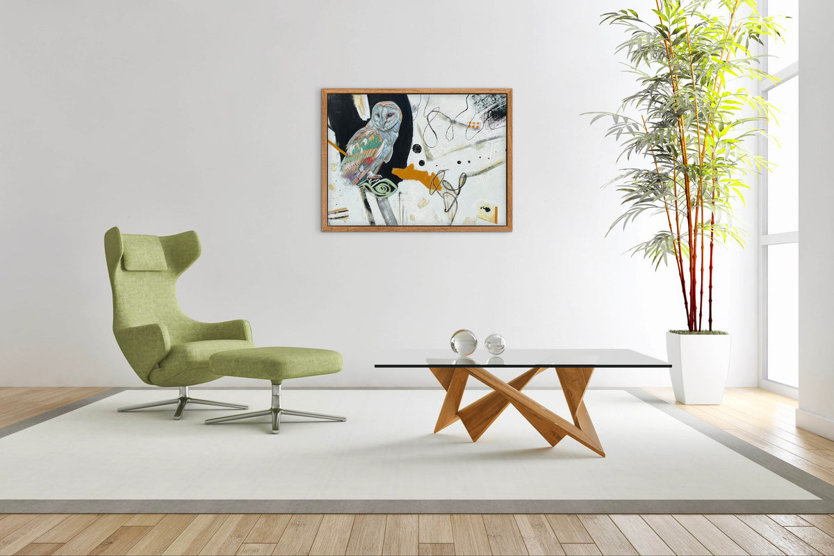 Owl painting on display on the wall in room