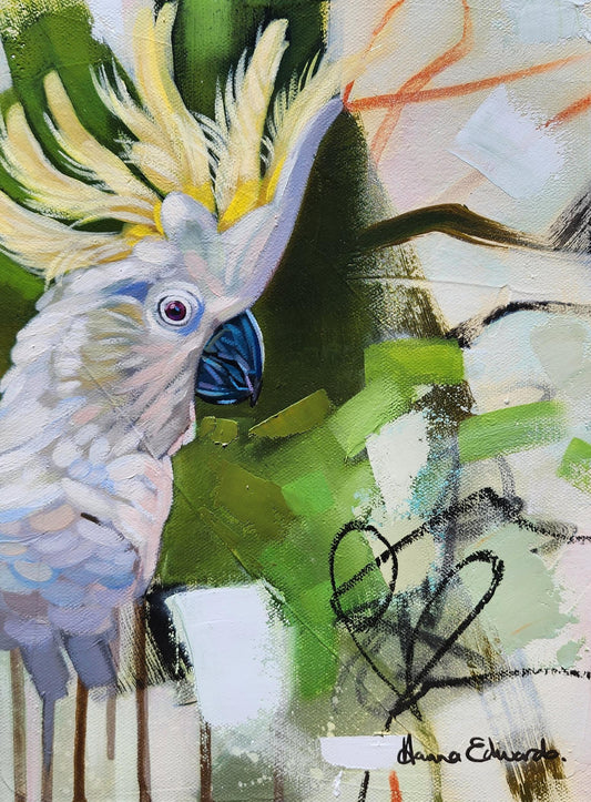 Colourful cockatoo painting with yellow crest and expressive green, pink and black background by Australian artist Hanna Edwards