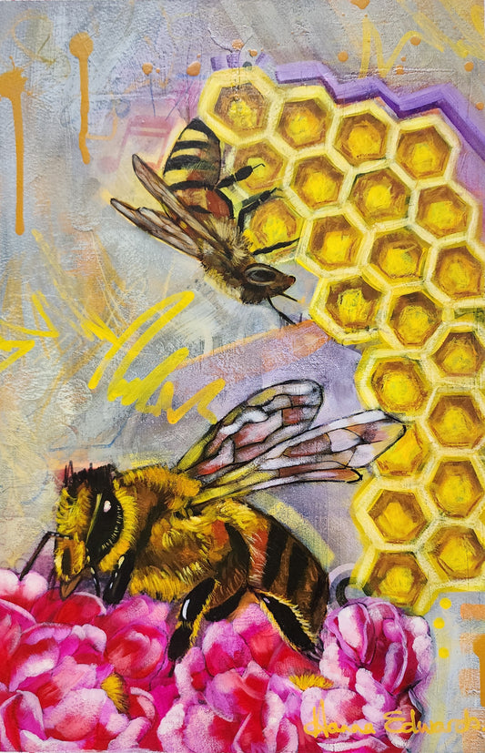 Two bees on flower and honeycomb