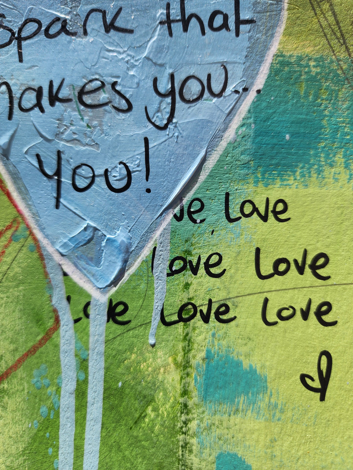 blue textured heart close up with text on a green background