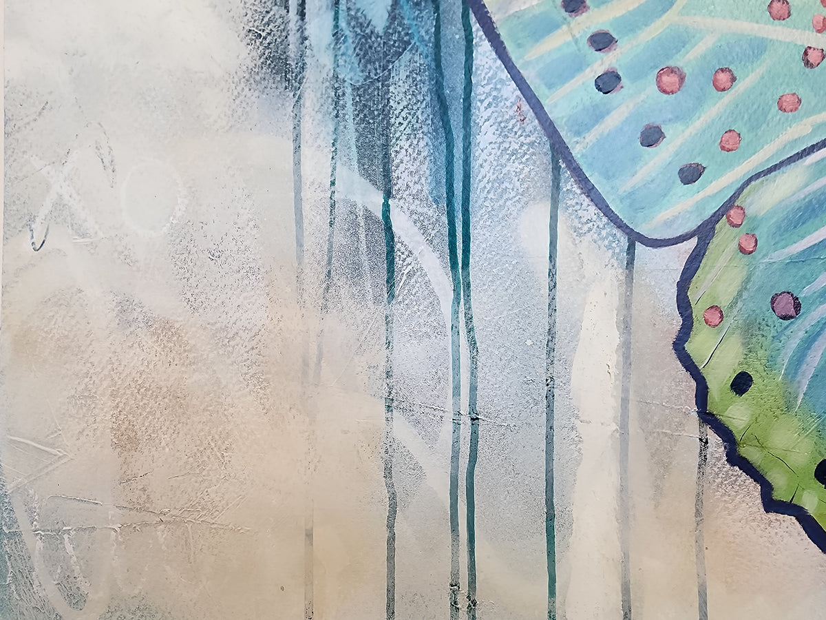 Fly Free butterfly artwork in blue, green and pink by Australian artist Hanna Edwards, close up