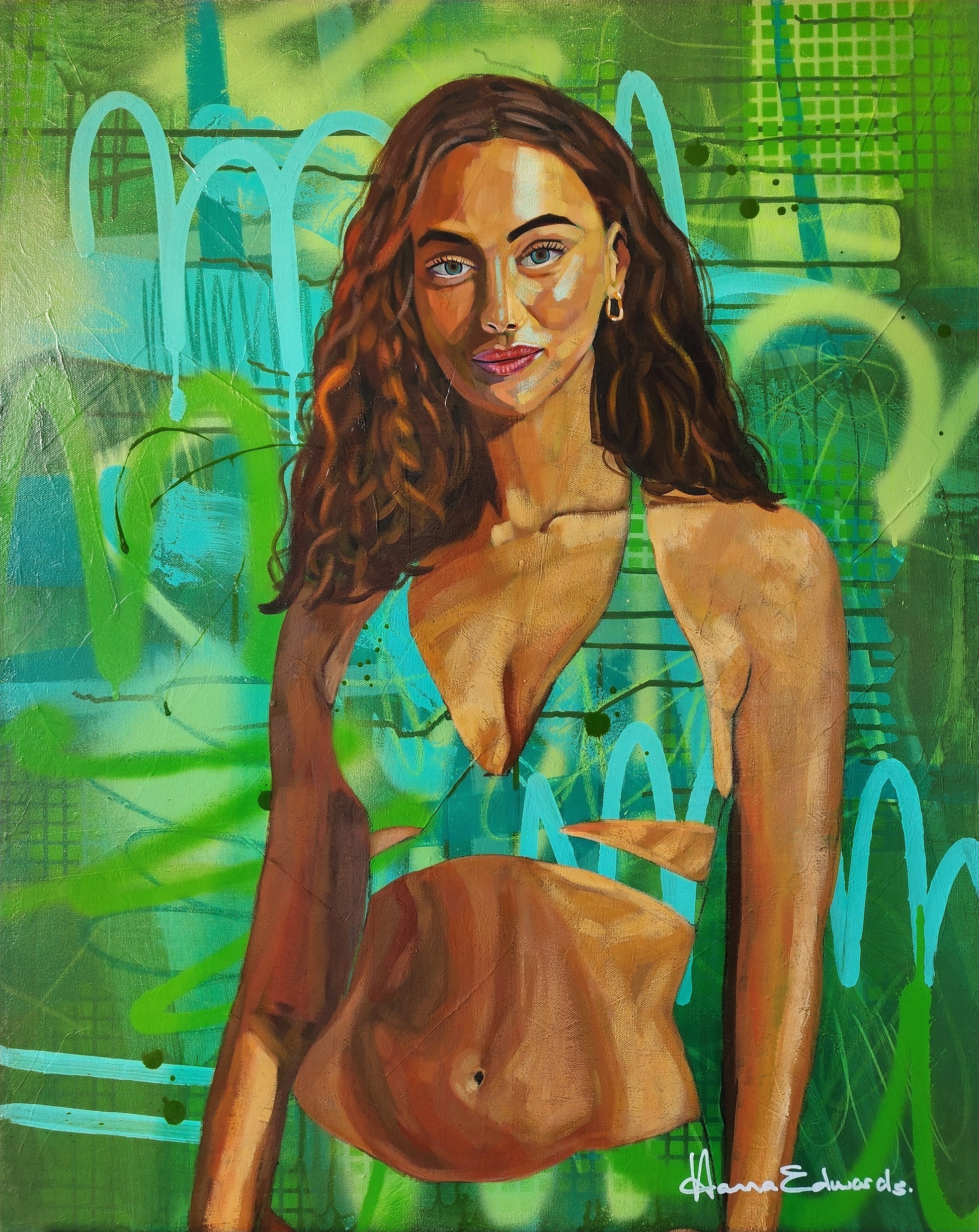 Woman in bikini on green abstract background