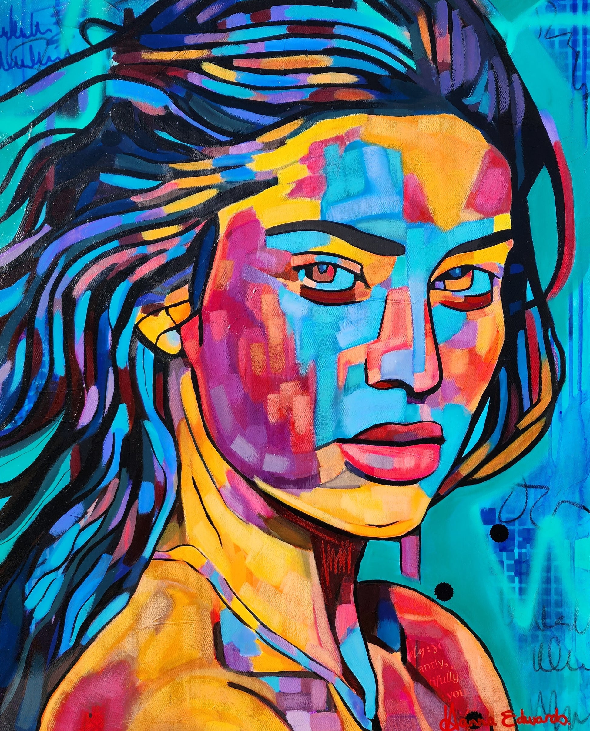 Colourful woman portrait looking direct at viewer 