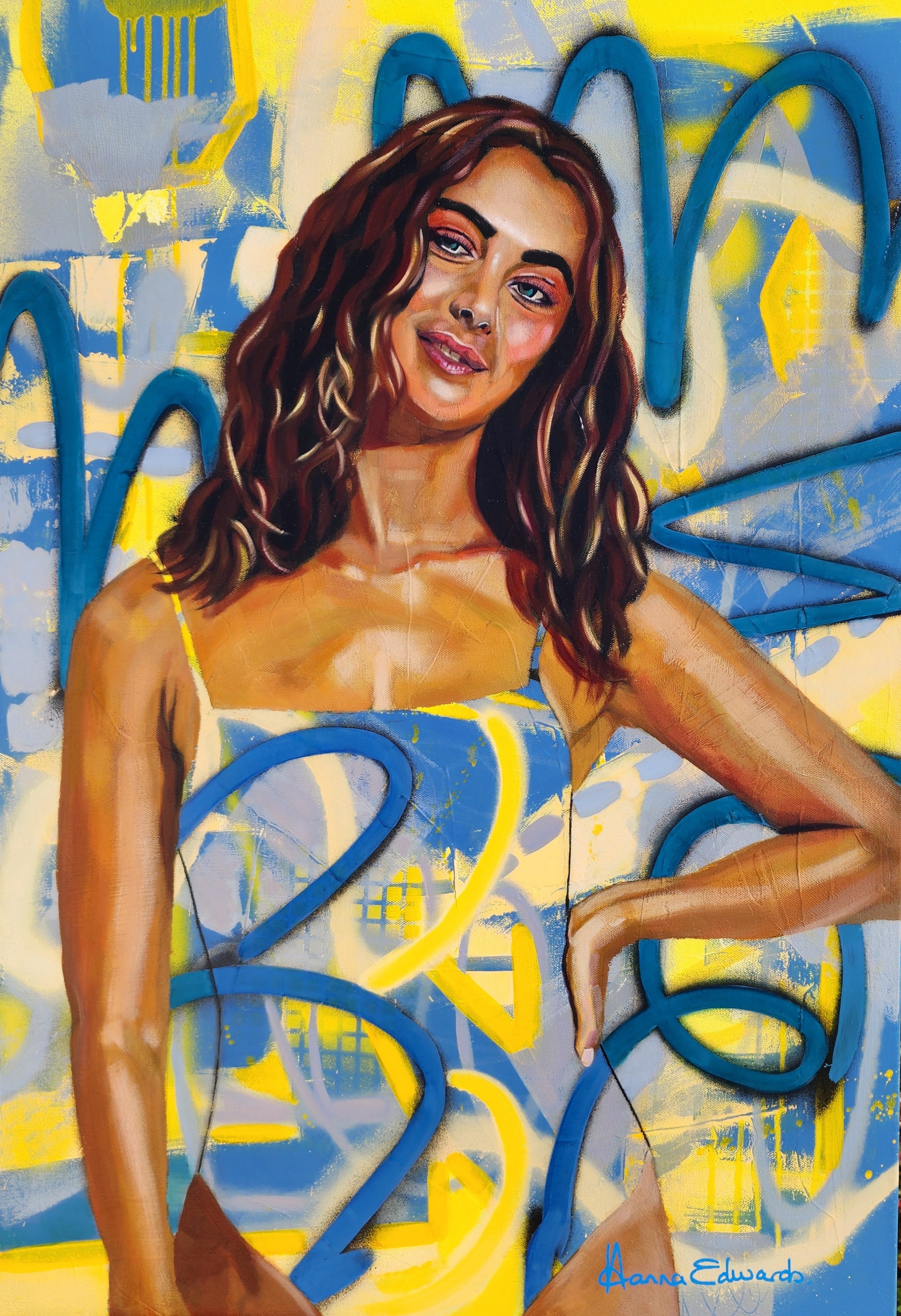 Woman on abstract yellow and blue background