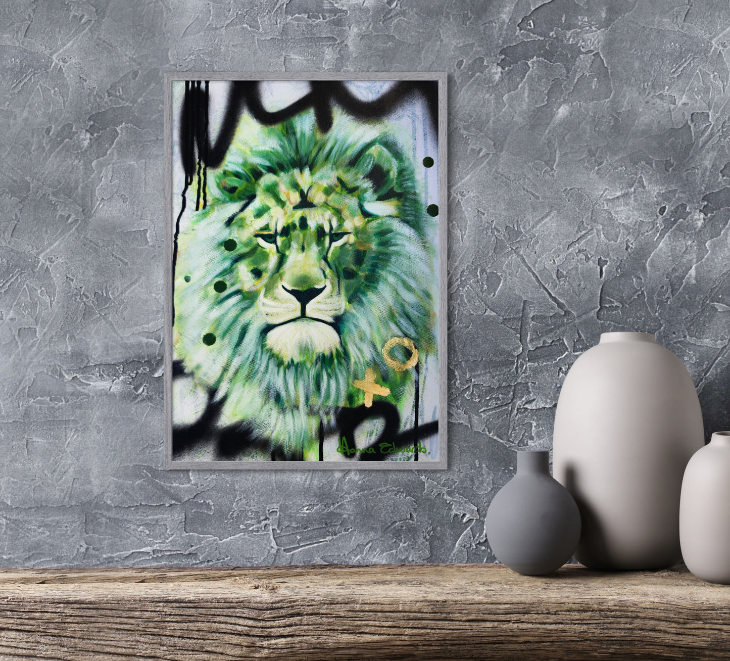 Green lion staged in mock up frame