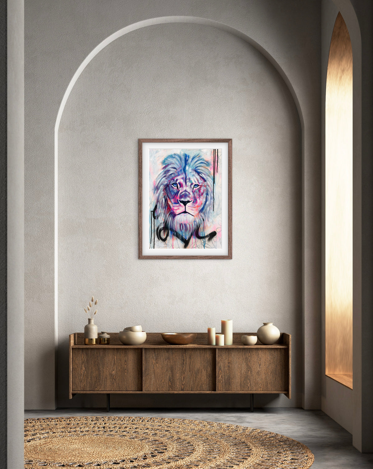 Unapologetically Me lion painting by Australian artist Hanna Edwards, featuring a colourful lion with expressive blue and pink marks and drips. Displayed in modern interior