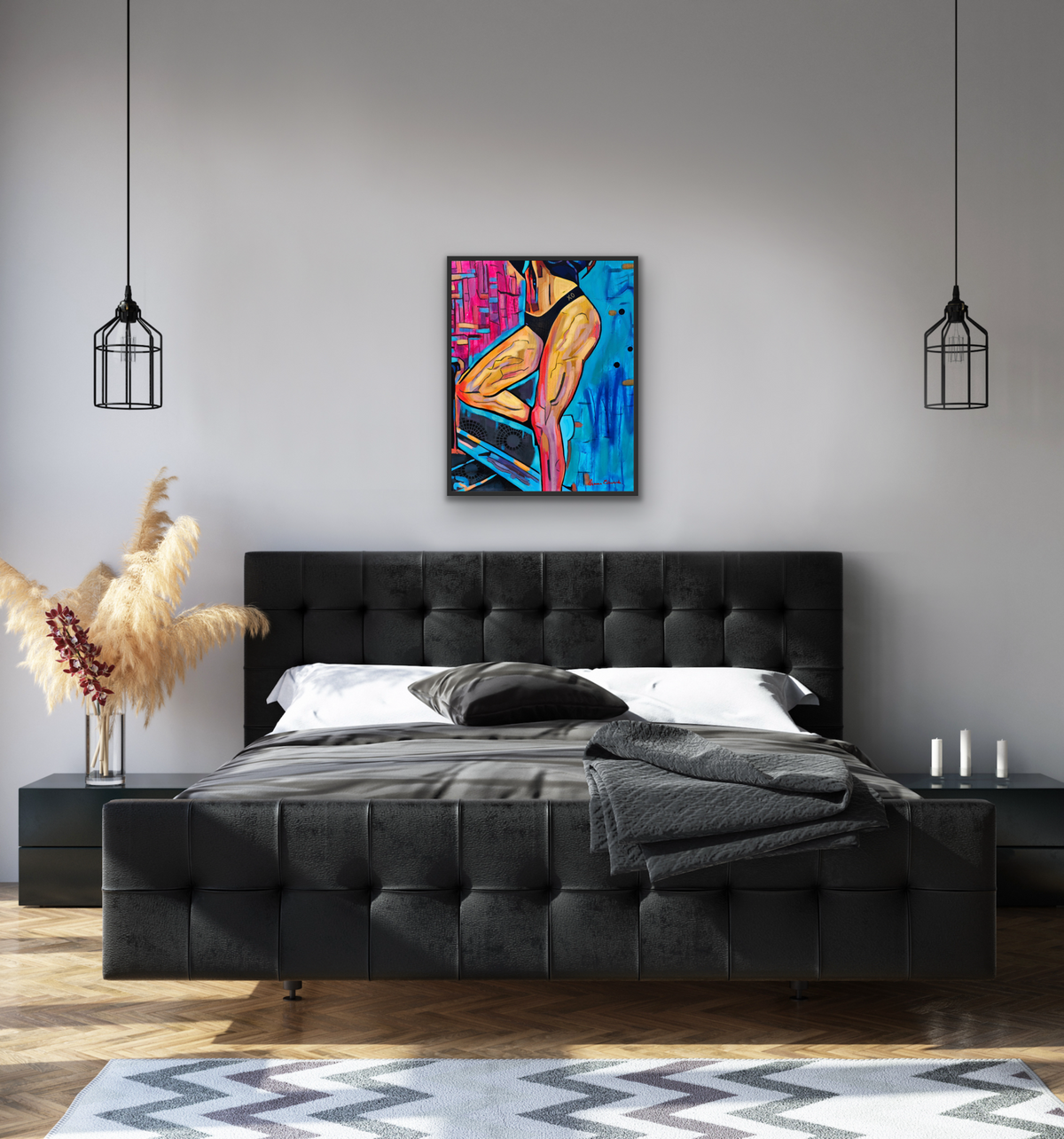 Hold Myself Up colourful figurative artwork of a woman by Australian artist Hanna Edwardson display in modern interior.