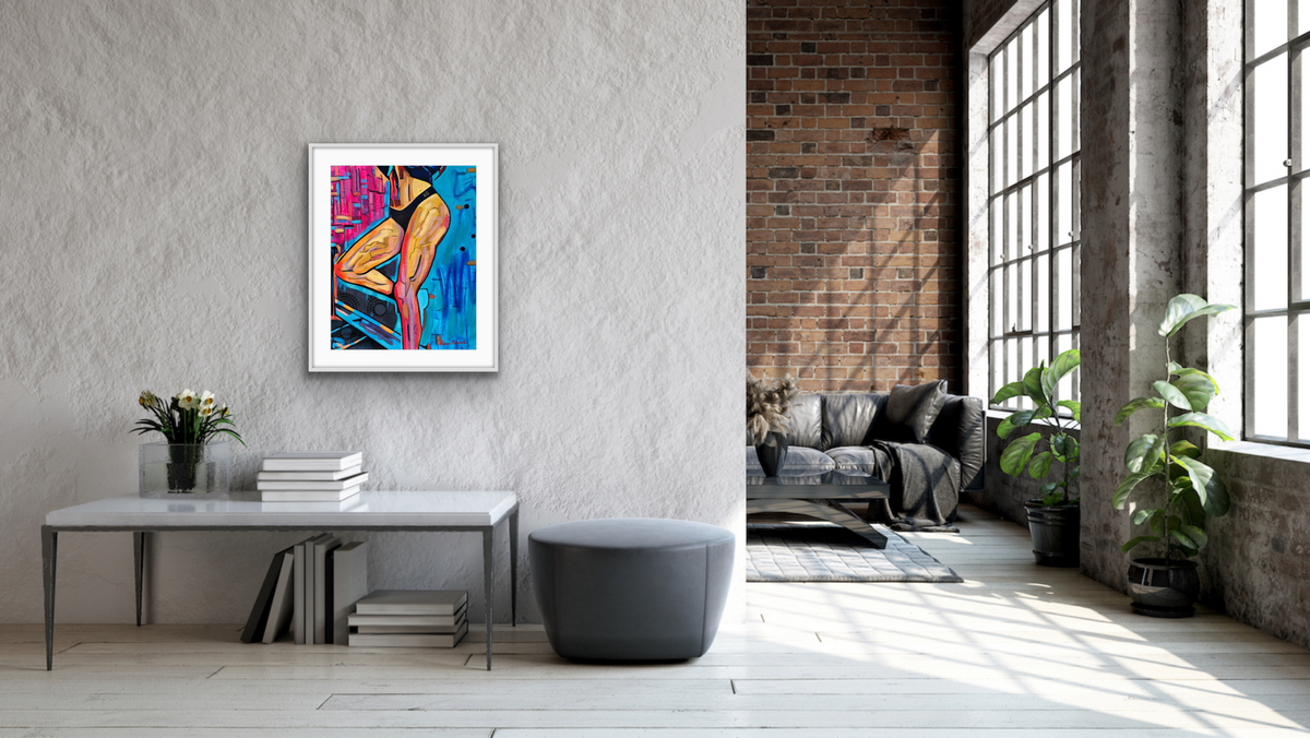Hold Myself Up colourful figurative artwork of a woman by Australian artist Hanna Edwards on display in modern interior.