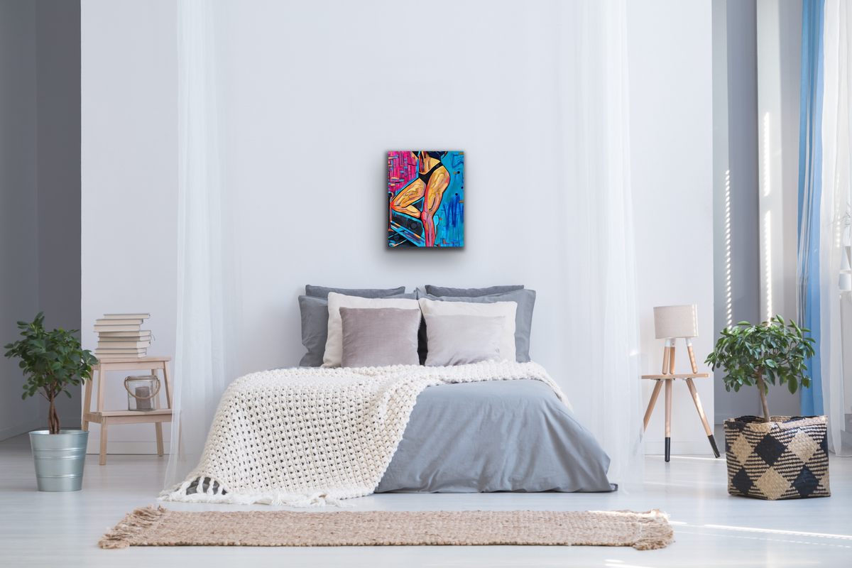 Hold Myself Up colourful figurative artwork of a woman by Australian artist Hanna Edwards on display in modern interior