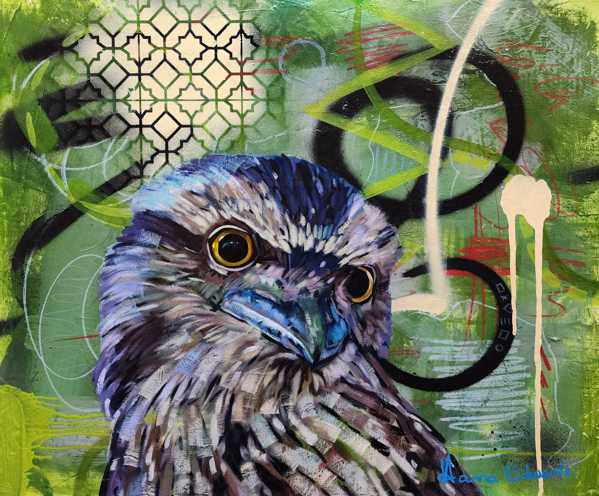 Colourful mixed media painting of an owl against an expressive green abstract background by Australian artist Hanna Edwards.