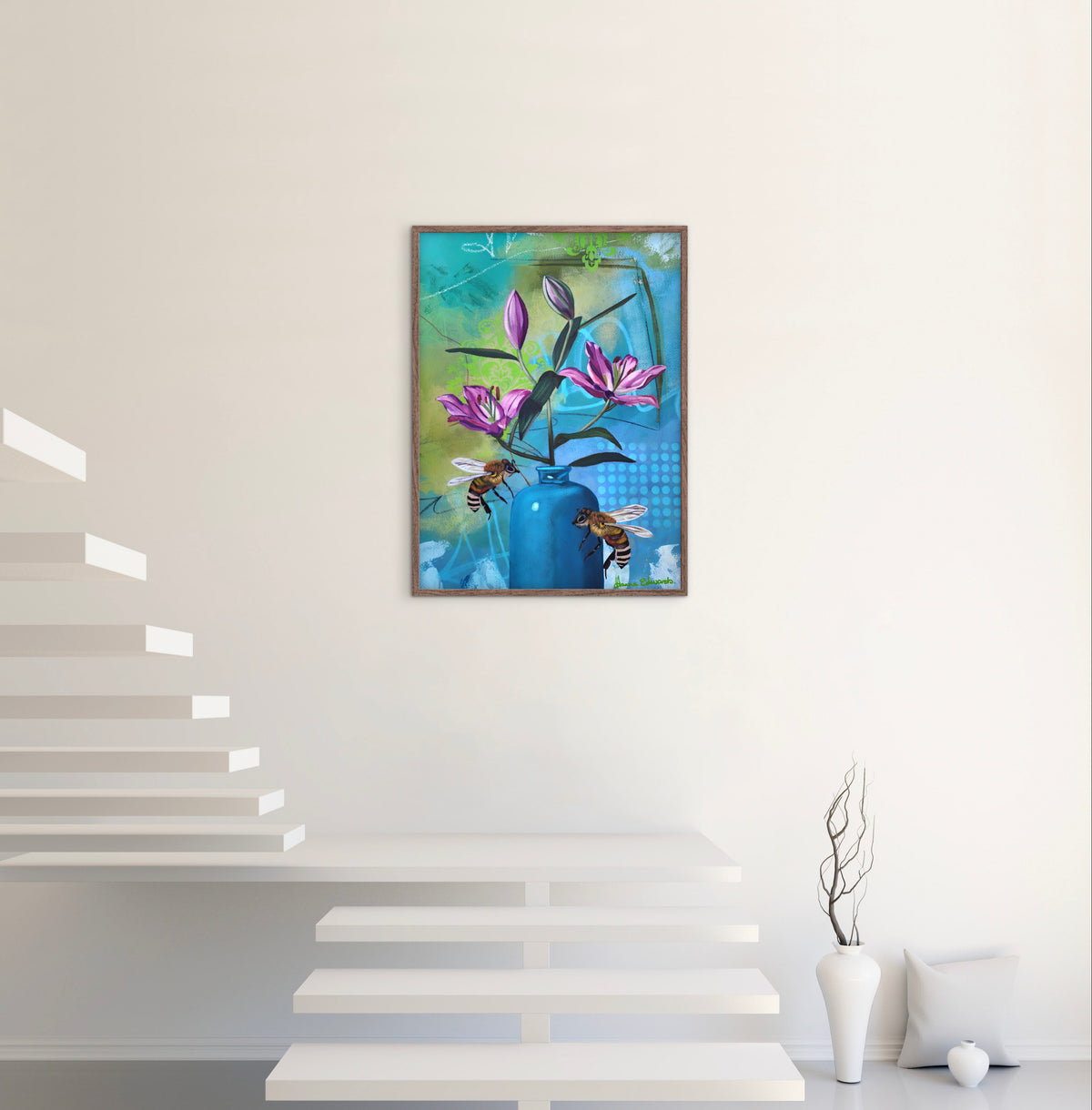 Bloom in New Ways bee and flower artwork with pink flowers in a blue vase by Australian artist Hanna Edwards. On display modern interior.