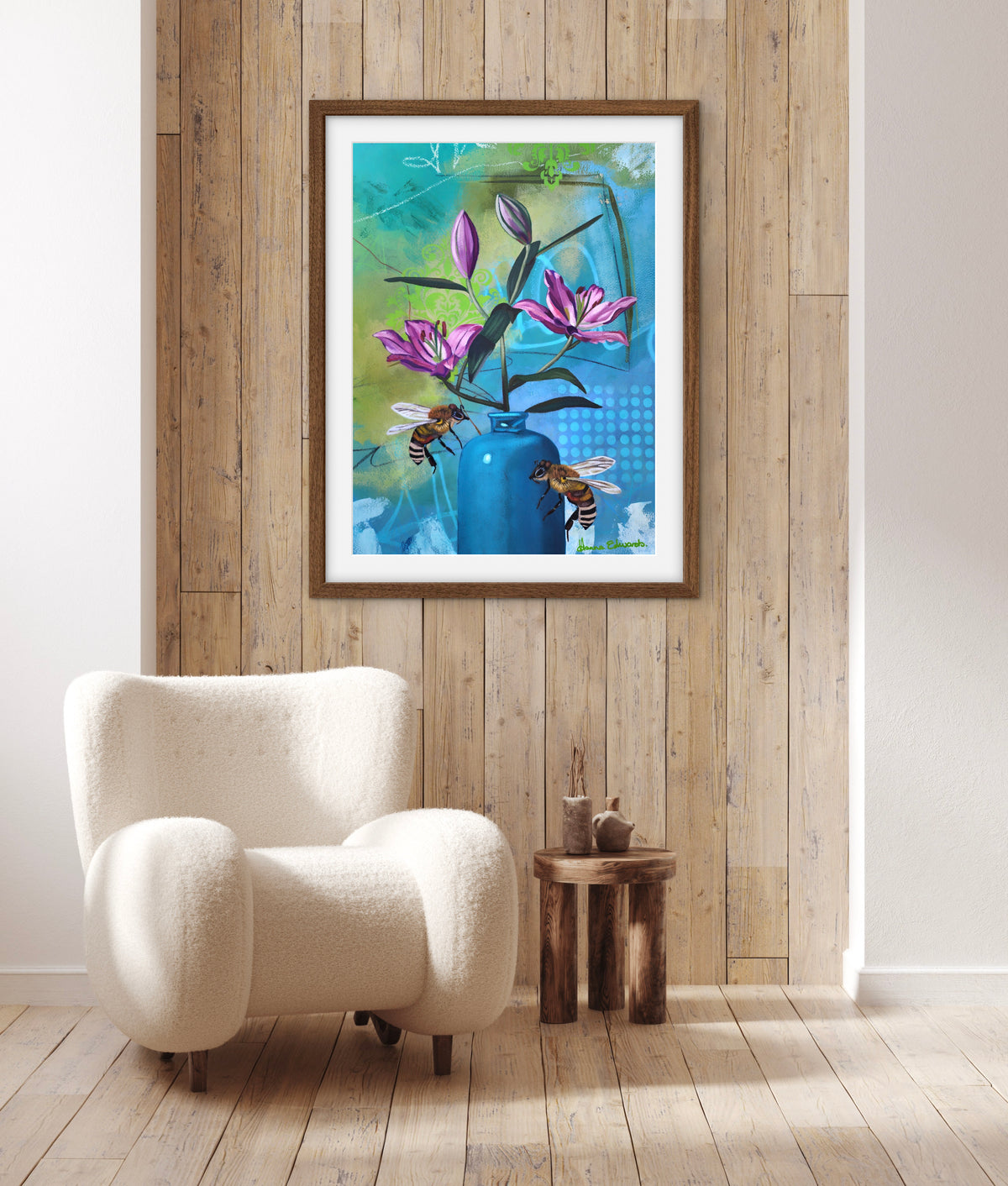 Bloom in New Ways bee and flower artwork with pink flowers in a blue vase by Australian artist Hanna Edwards on display modern interior.