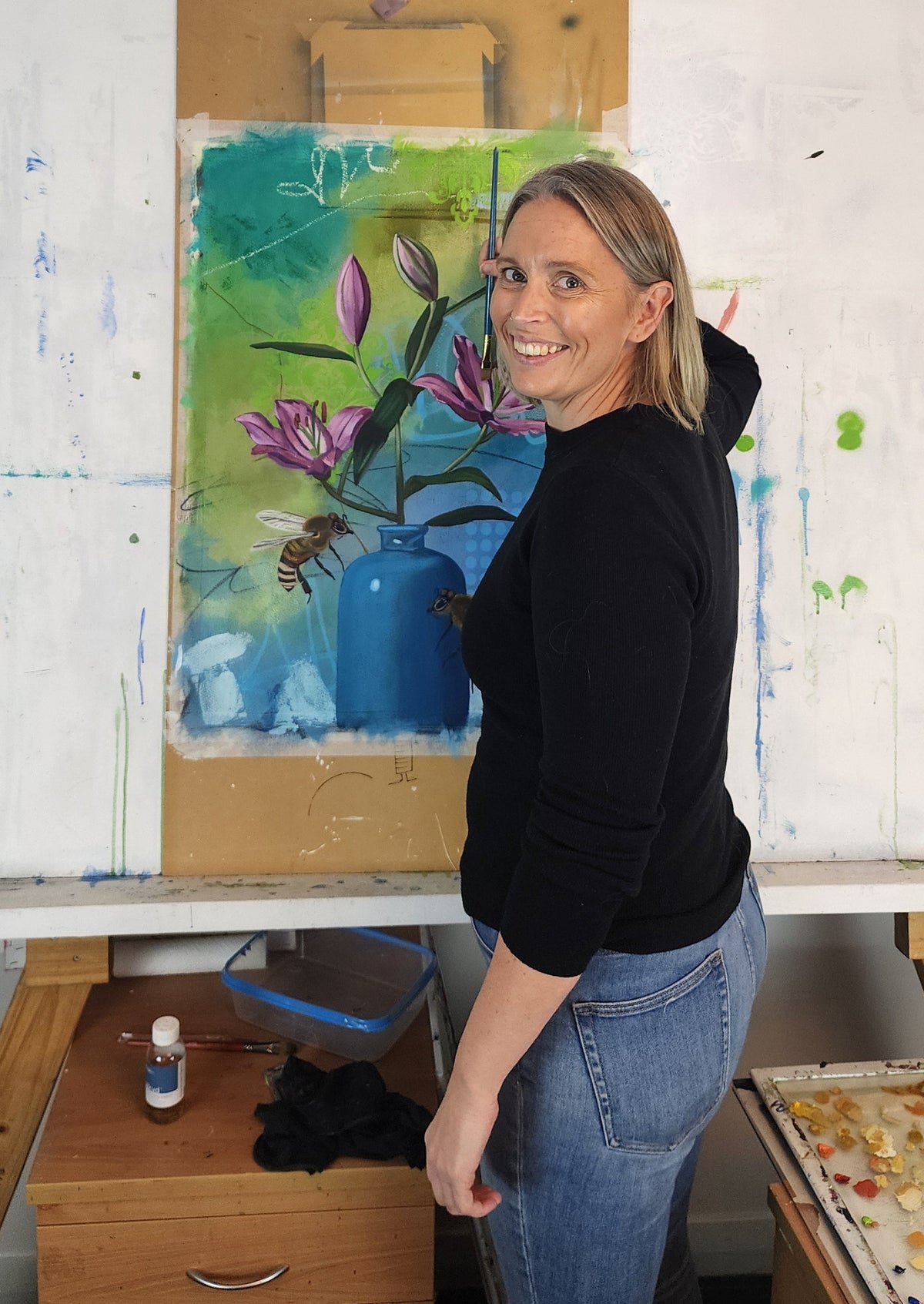 Bloom in New Ways bee and flower artwork with pink flowers in a blue vase by Australian artist Hanna Edwards. 