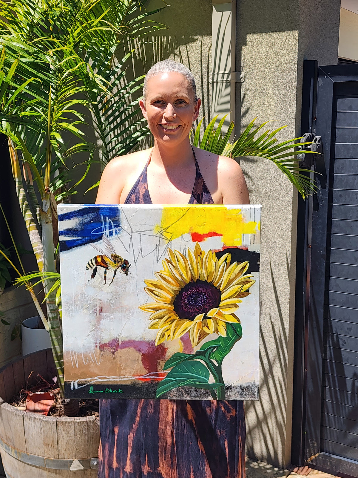 "Sunshine and Sunflowers" Original Mixed Media Oil Painting on Canvas
