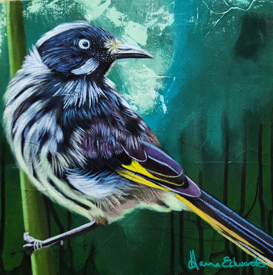 Colorful bird painting on a green background