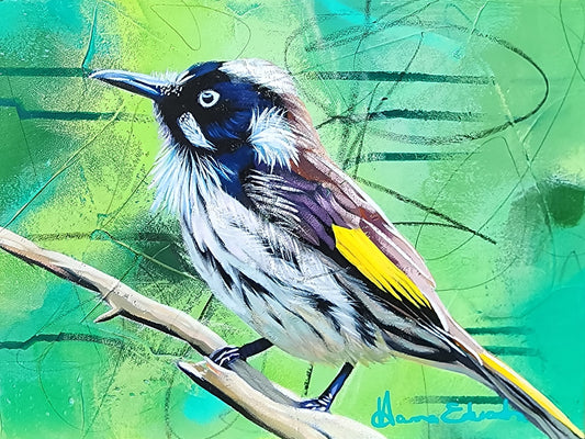 Colorful bird illustration on a green abstract background