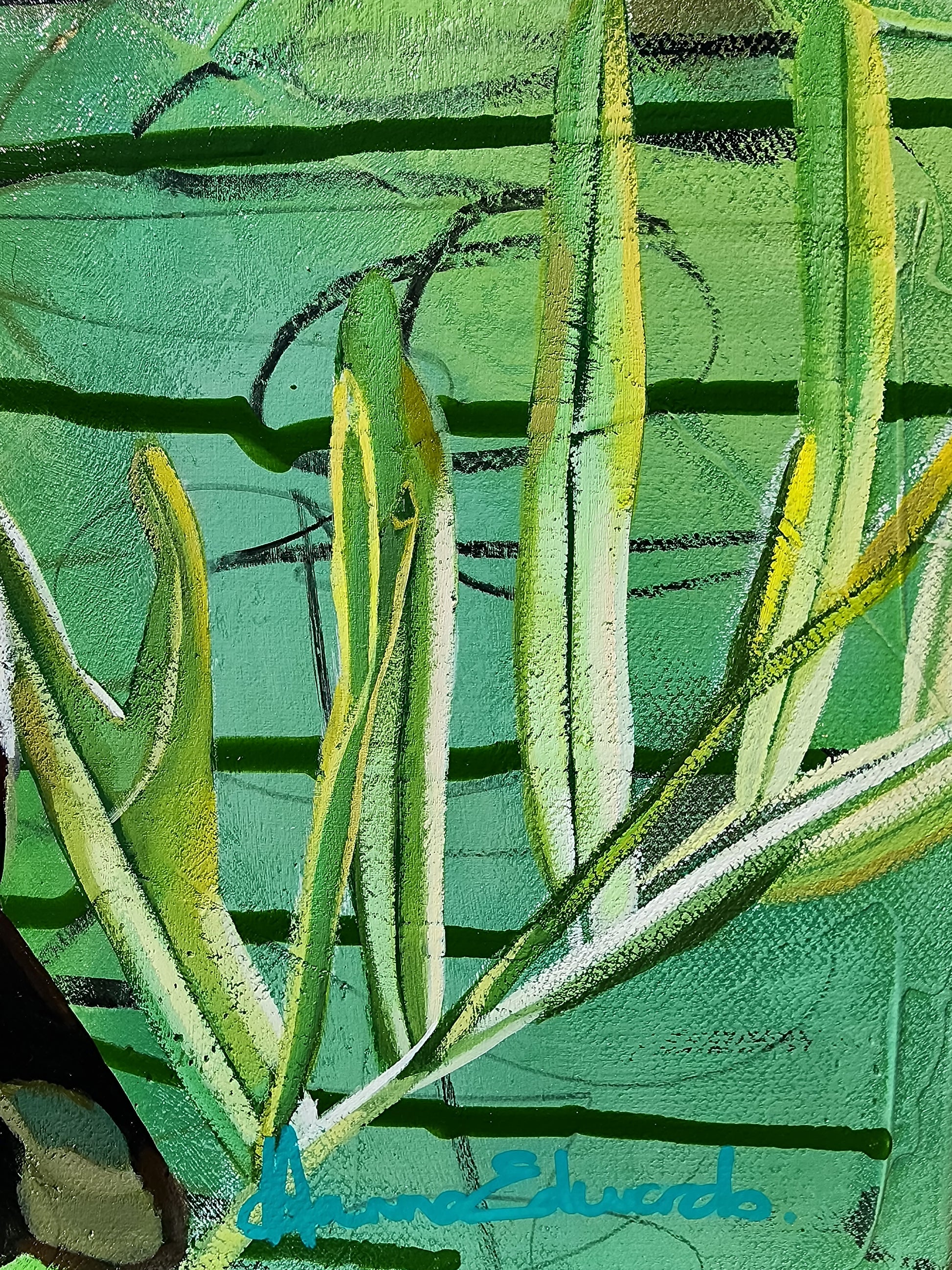 Close-up of green leaves on a textured green background with artist signature Hanna Edwards