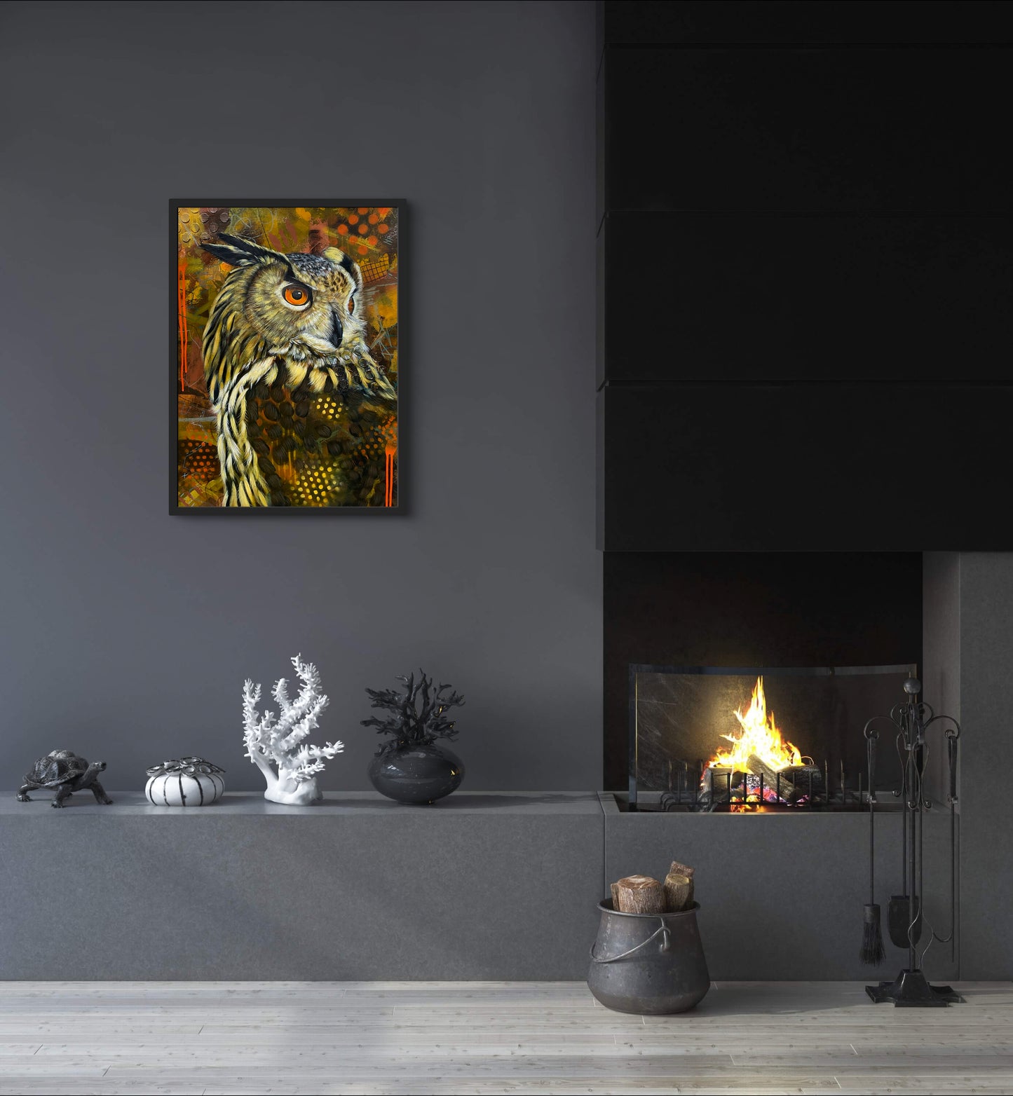 Owl on abstract orange and brown background syled scene