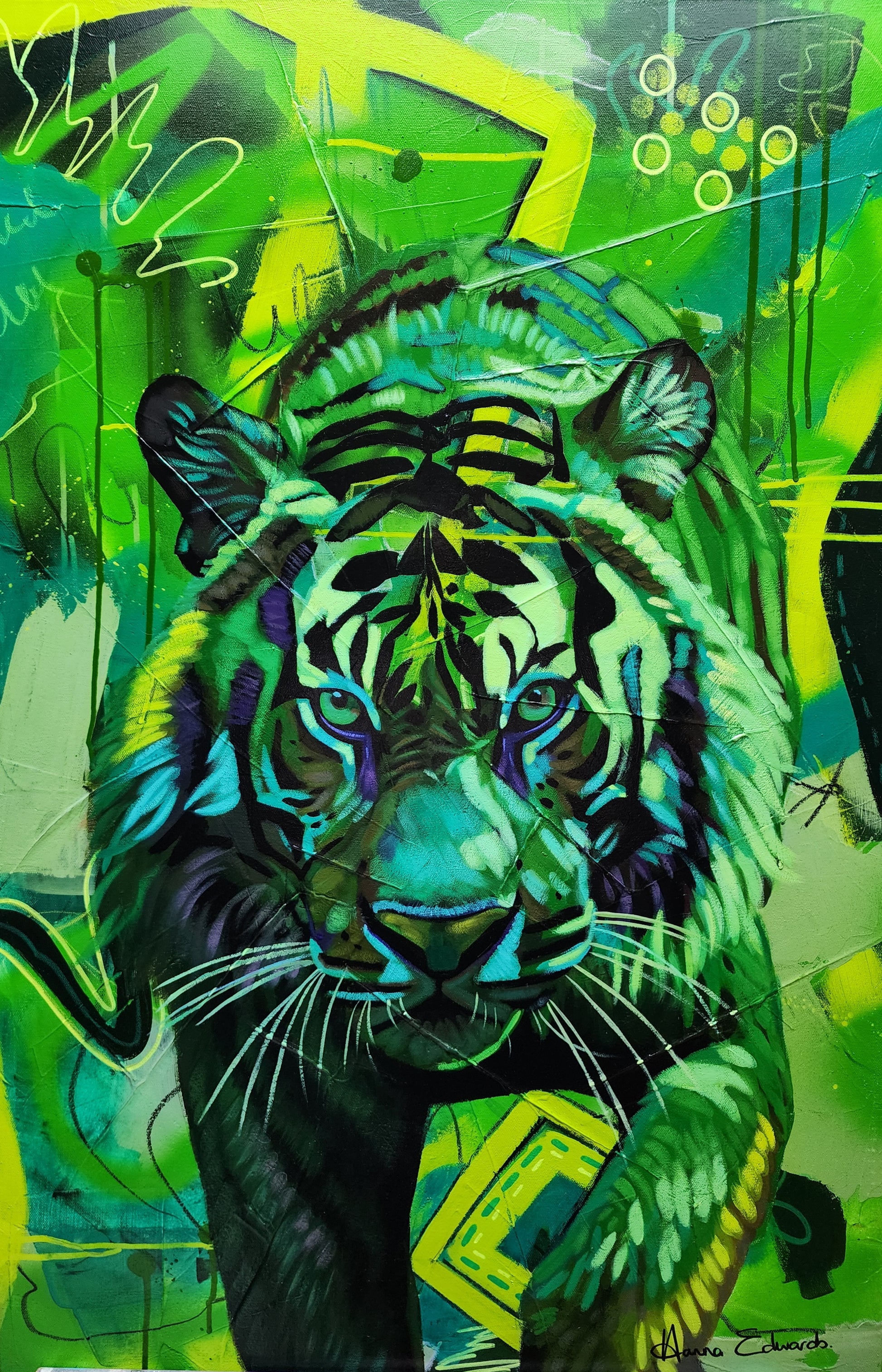 green tiger on green abstract