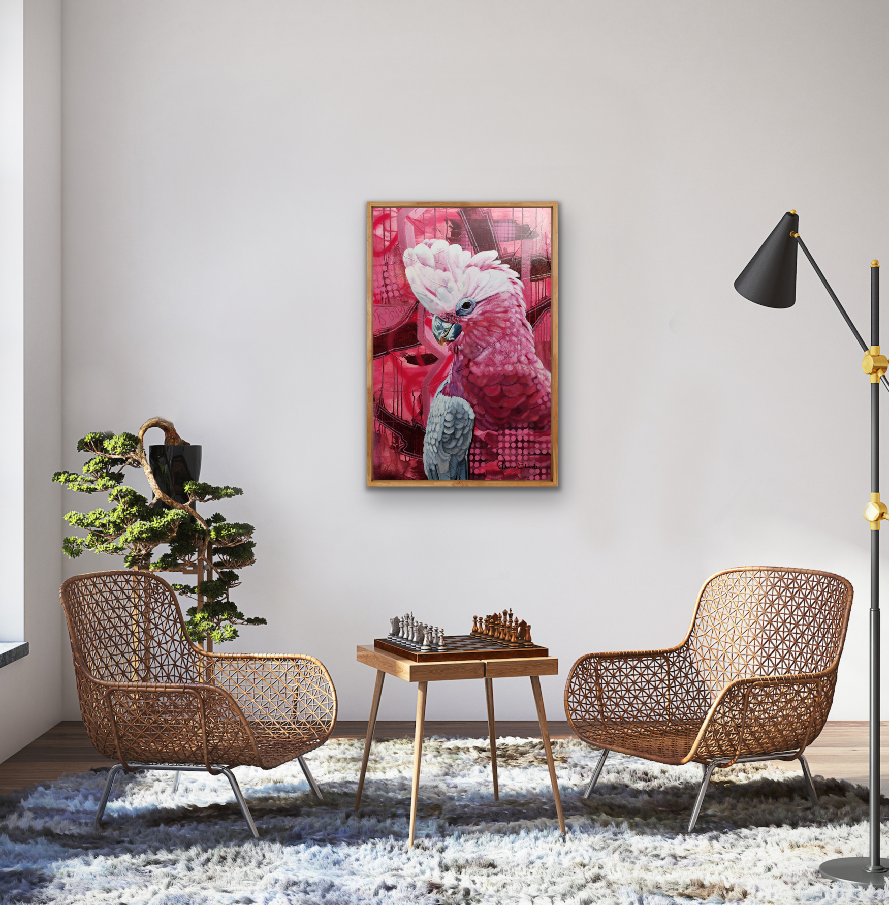 Pink Gallah on pink abstract background styled scene