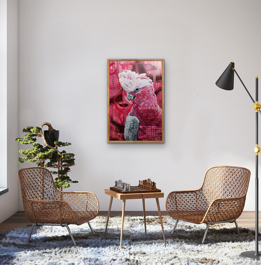 Pink Gallah on pink abstract background styled scene