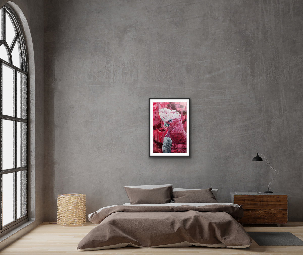 Pave Your Own Way colourful galah painting by Australian artist Hanna Edwards on display in modern bedroom