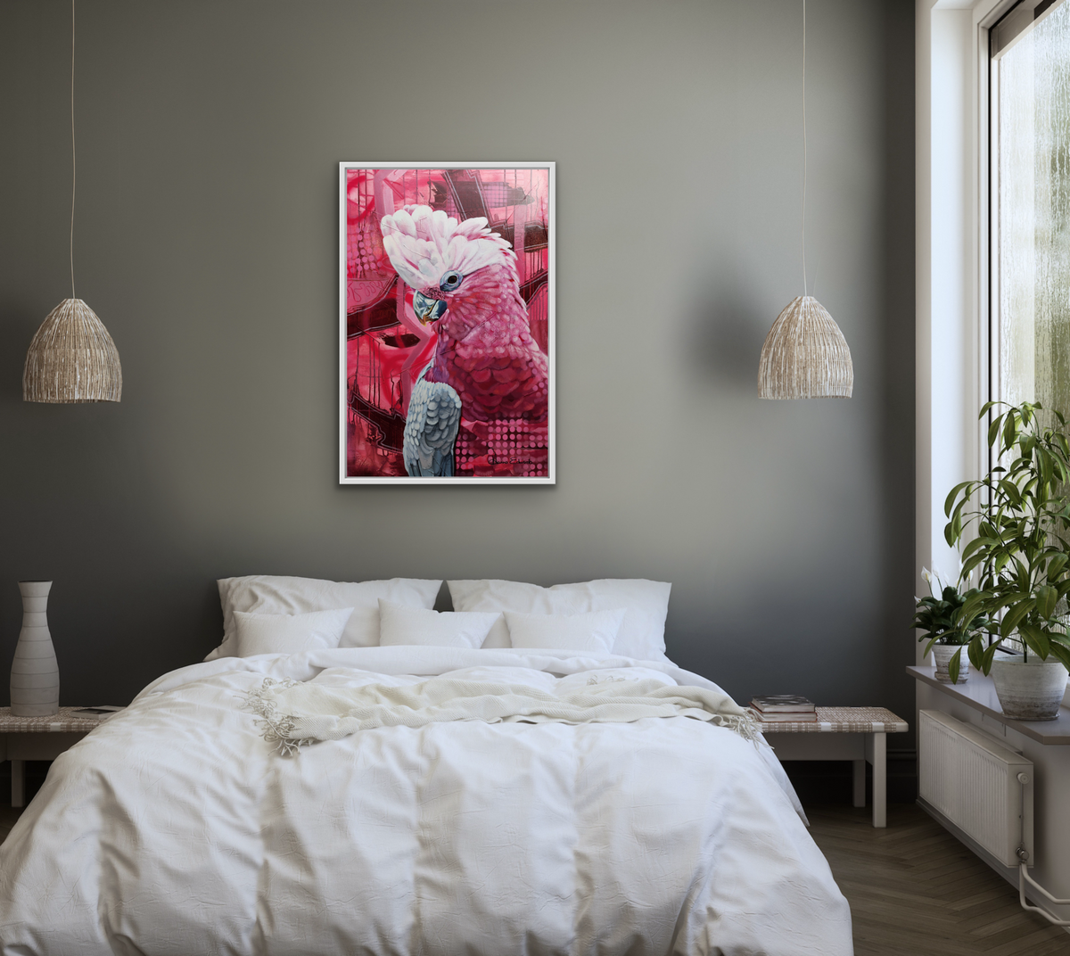 Pave Your Own Way colourful galah painting by Australian artist Hanna Edwards displayed in modern bedroom