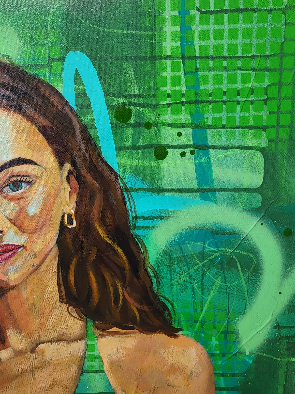 Colourful figurative painting of a woman in a green bikini against a vibrant green abstract background by Australian artist Hanna Edwards. Details