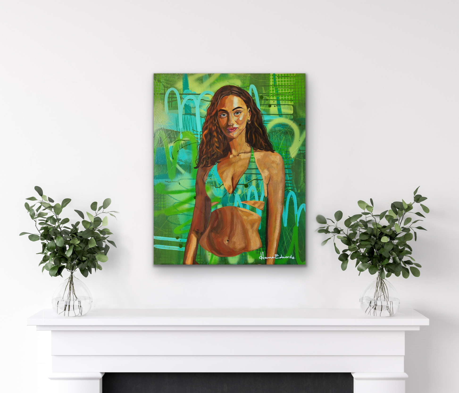 Woman in bikini on green abstract background styed scene
