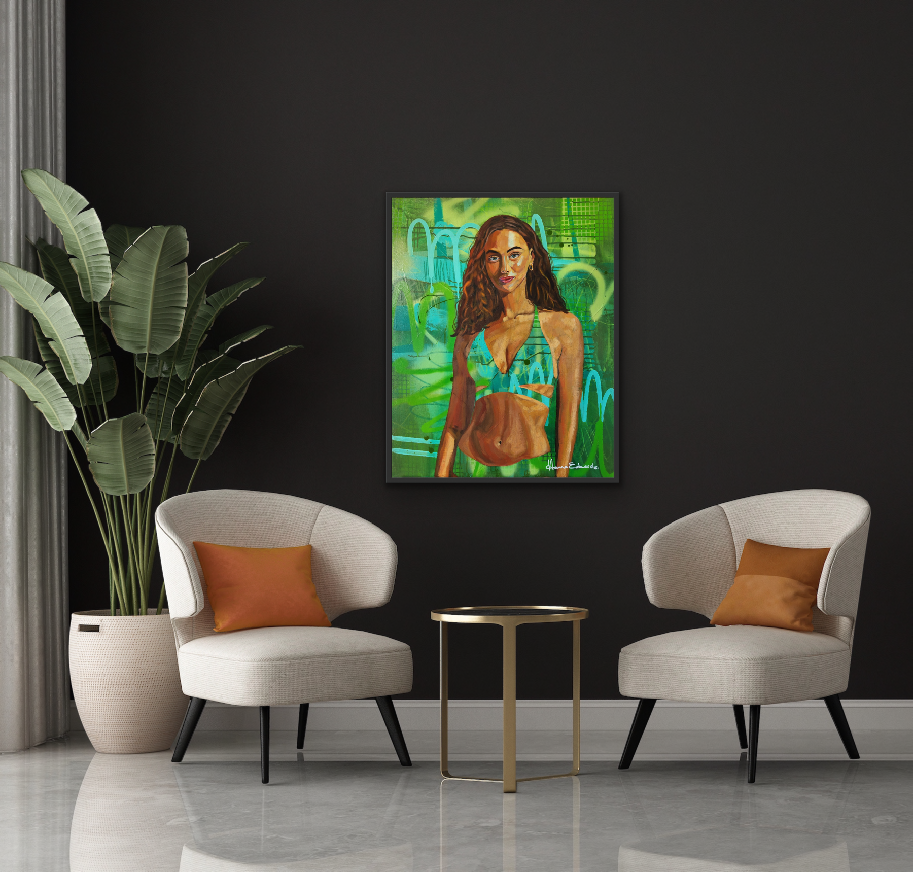 Woman in bikini on green abstract background styled scene