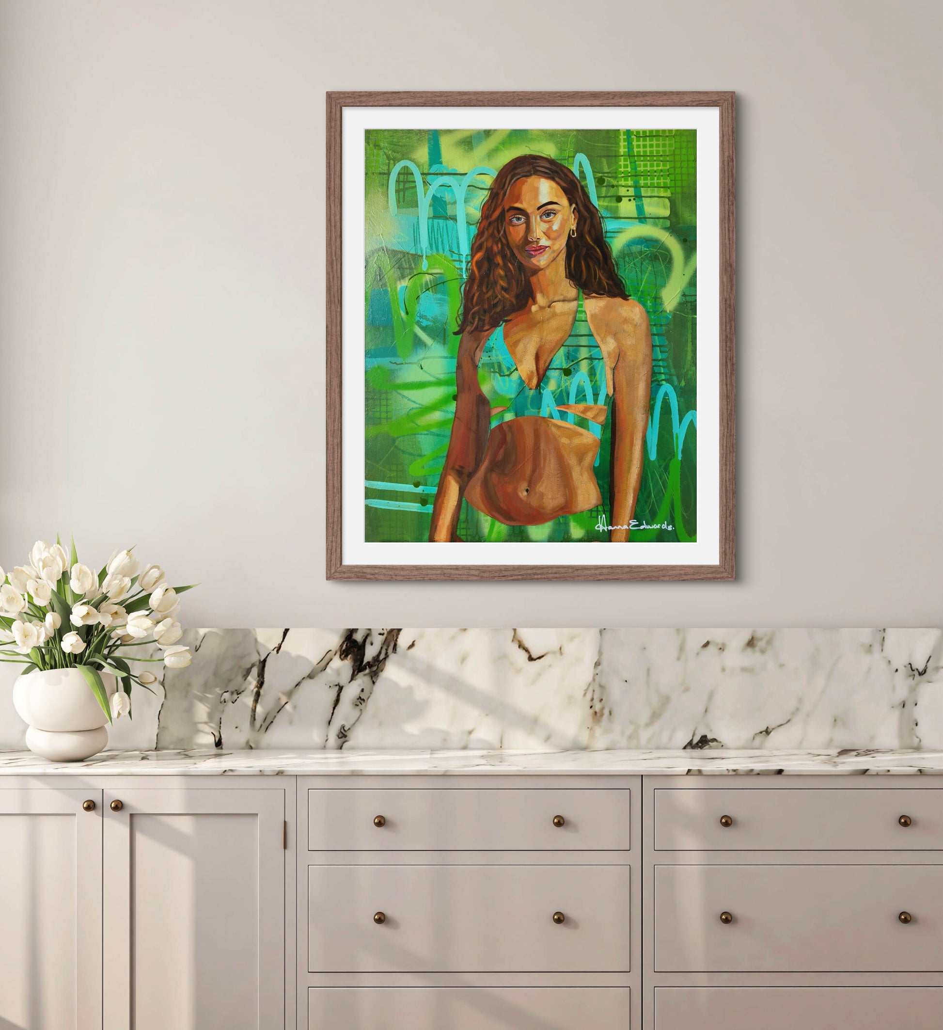 Woman in bikini on green abstract background styled scene