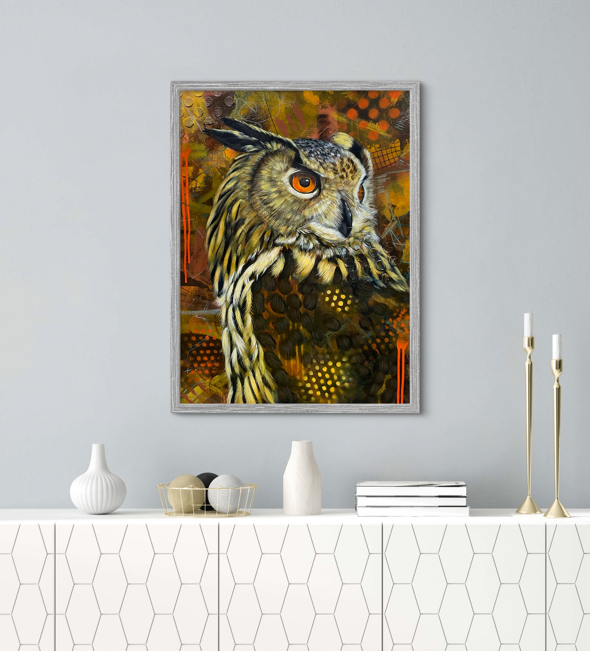 Owl on abstract orange and brown background styled scene