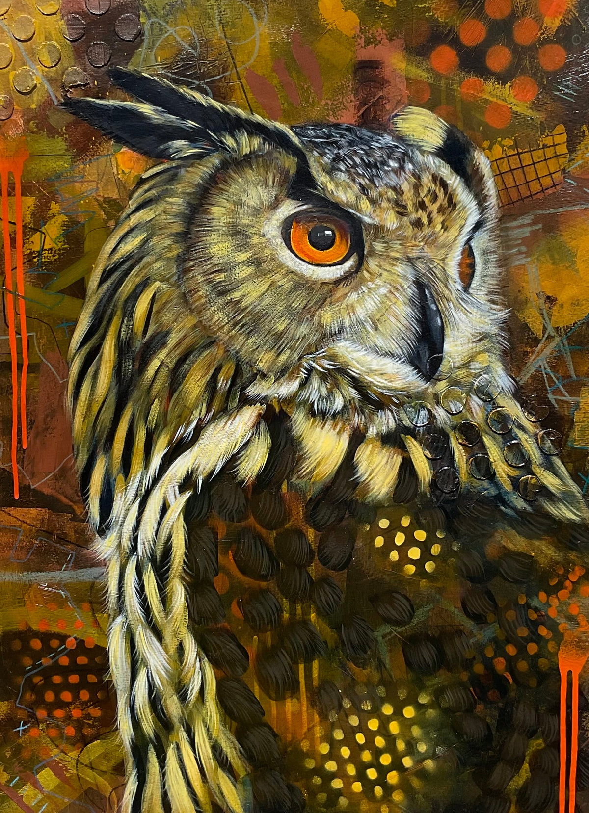 Colourful owl artwork with orange eyes and layered texture by Australian artist Hanna Edwards