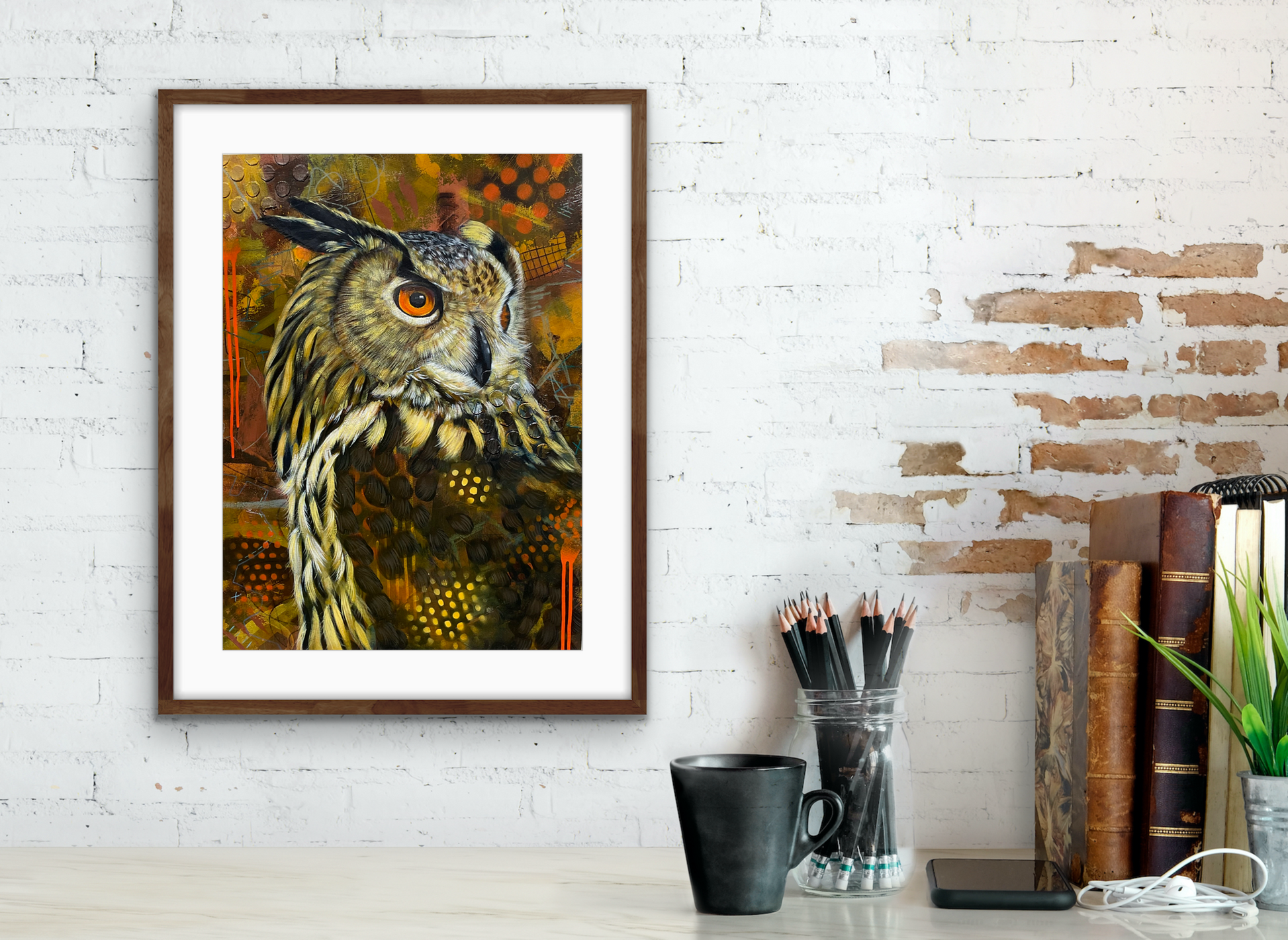Owl on orange and brown abstract background styled scene
