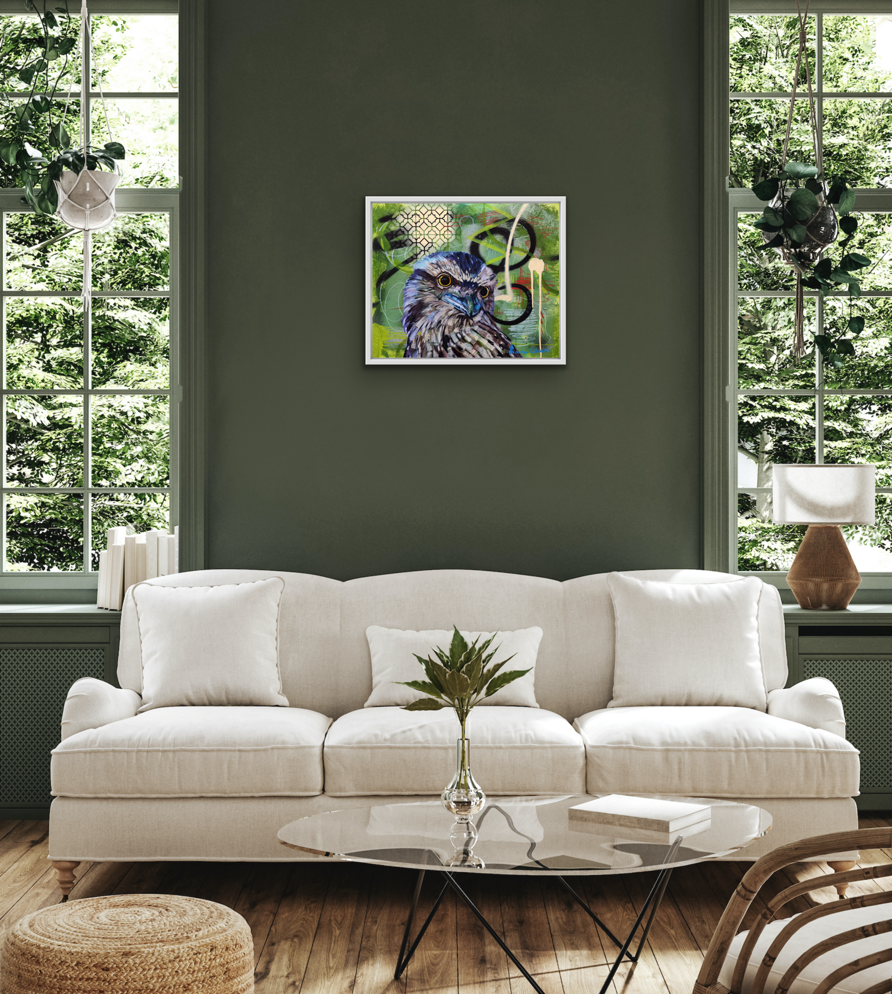Tawny frogmouth bird styled scene