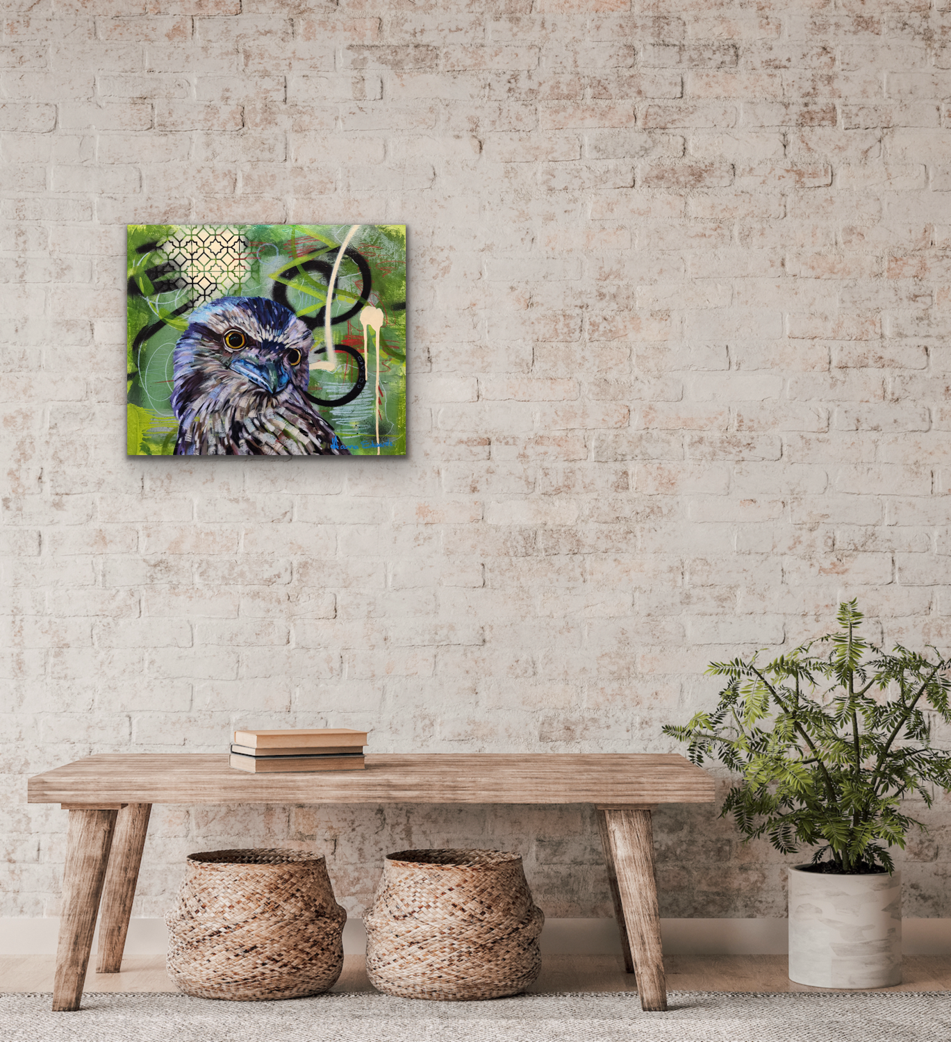 Tawny frogmouth bird styled scene