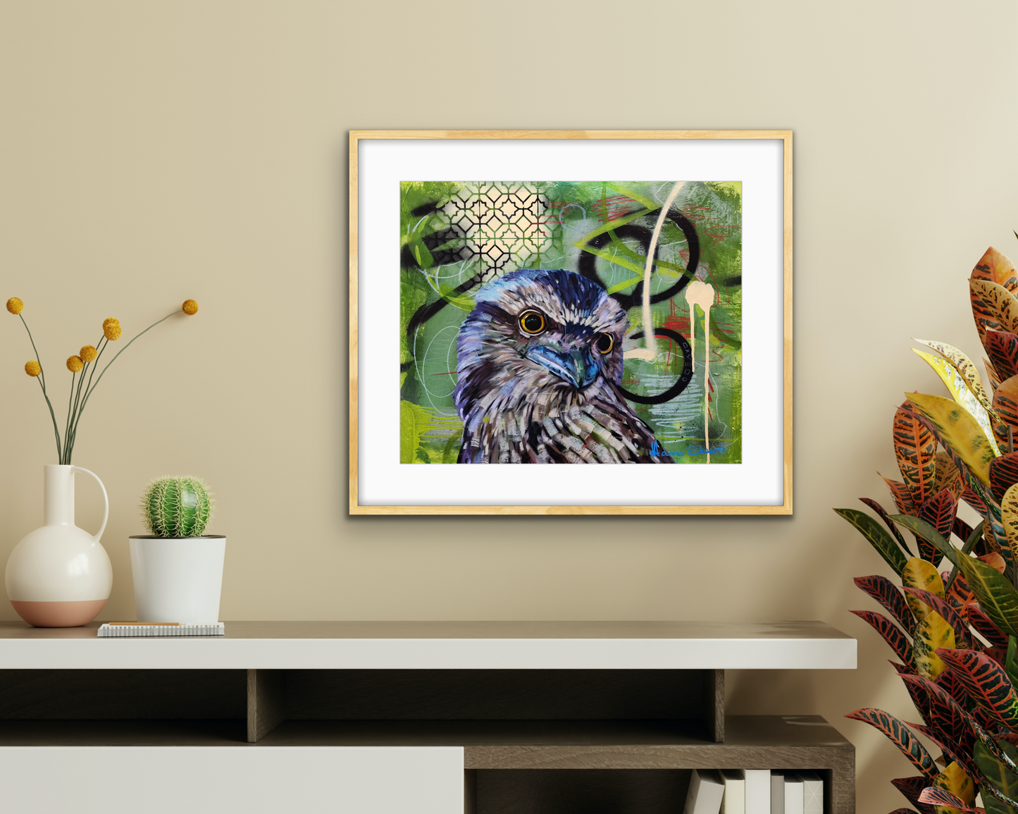 Tawny frogmouth bird styled scene