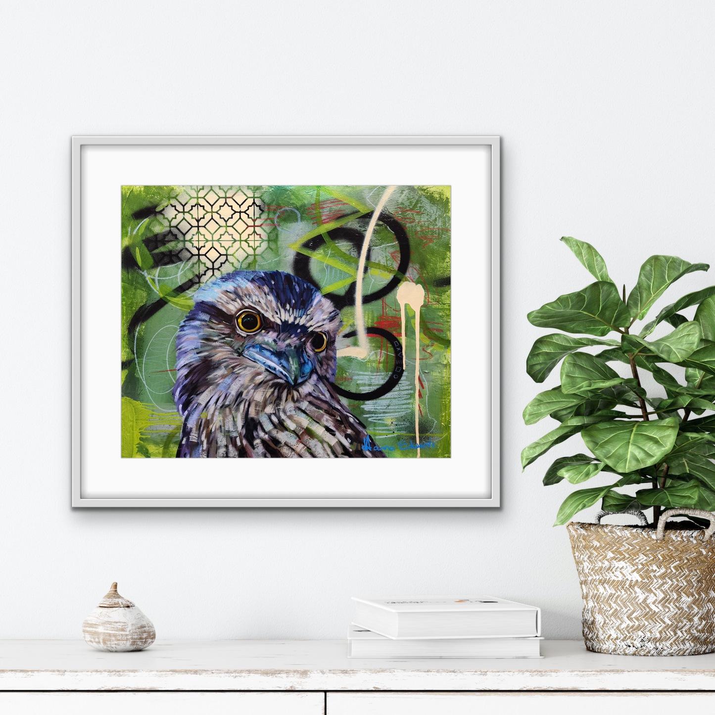 Tawny frogmouth bird styled scene