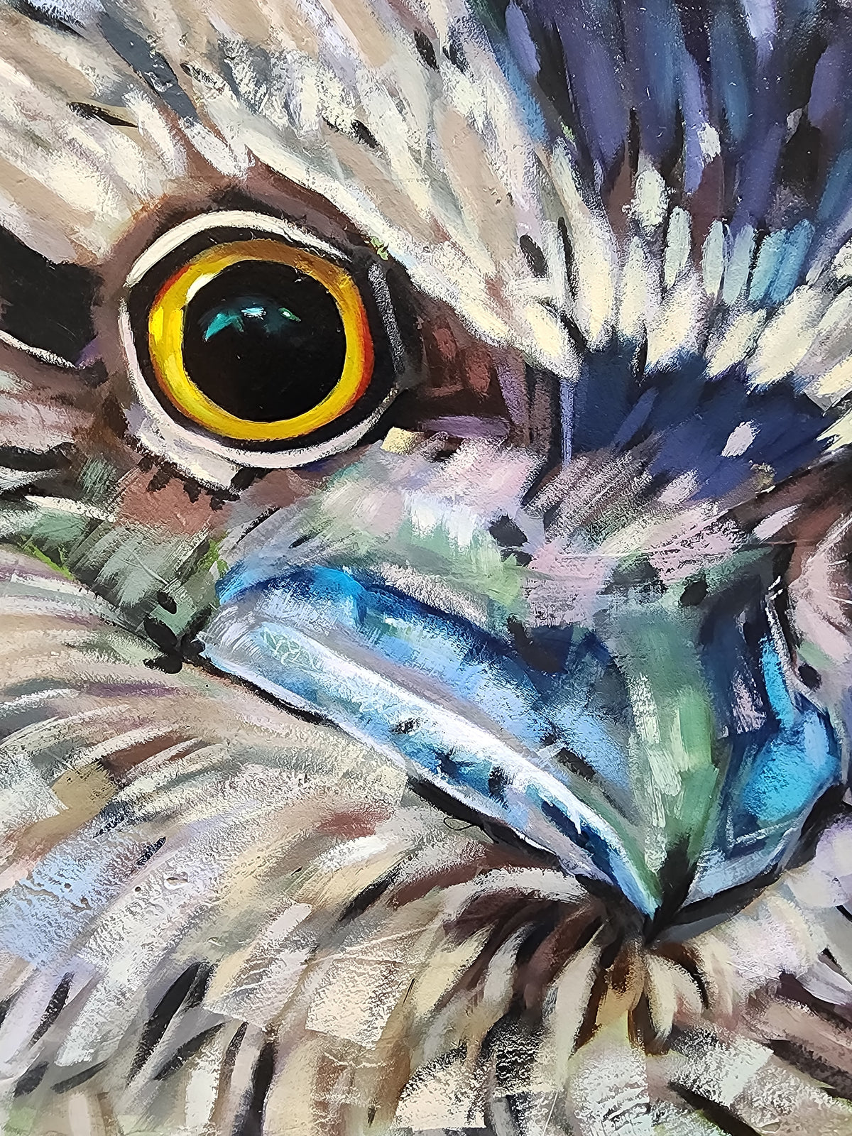 Colourful mixed media painting of an owl against an expressive green abstract background by Australian artist Hanna Edwards close up