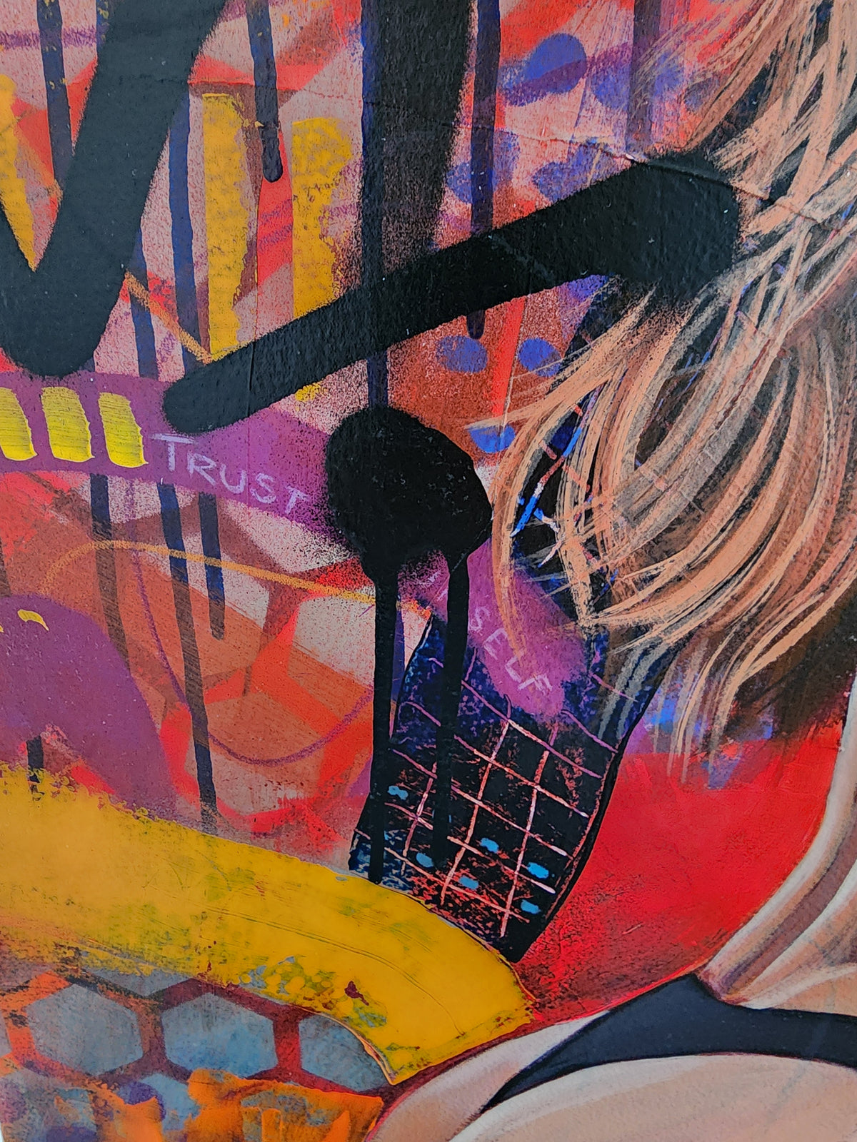 Perseverance colourful figurative painting of a seated woman by Australian artist Hanna Edwards close up