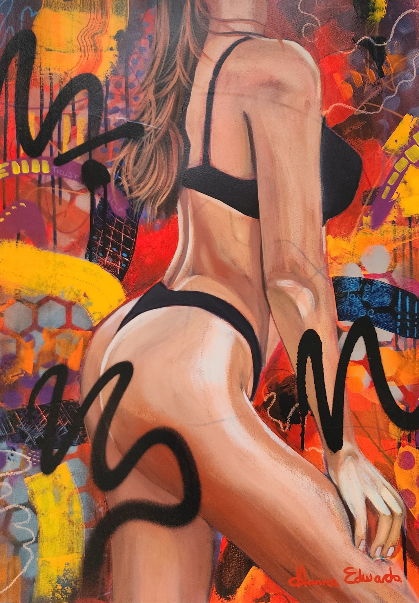 Side view of woman in bikini on abstract background