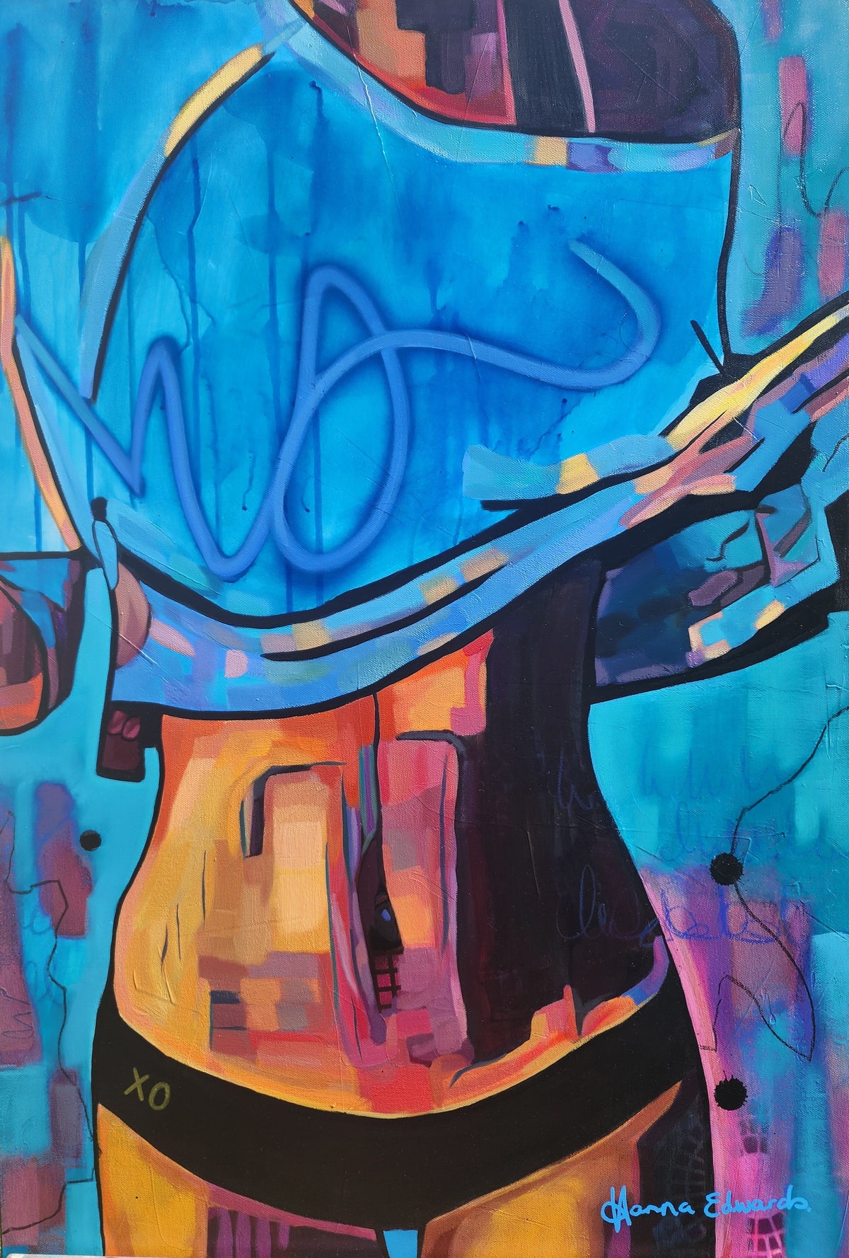 Shedding Layers figurative artwork of a woman in vibrant blue, pink and orange by Australian artist Hanna Edwards.