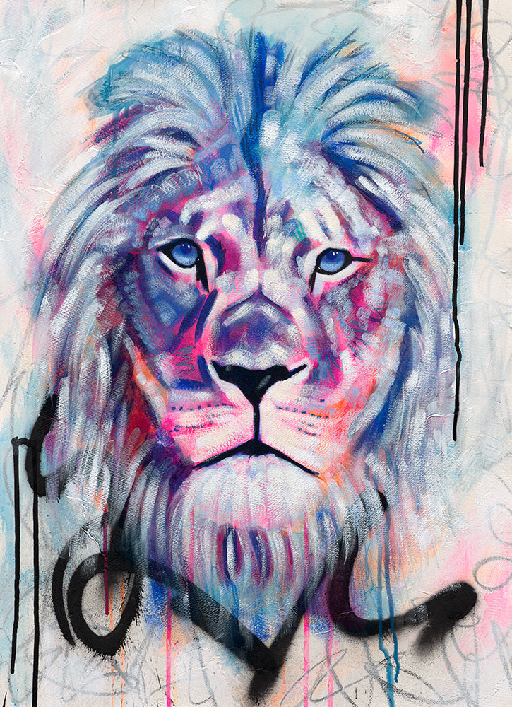 Unapologetically Me lion painting by Australian artist Hanna Edwards, featuring a colourful lion with expressive blue and pink marks and drips.